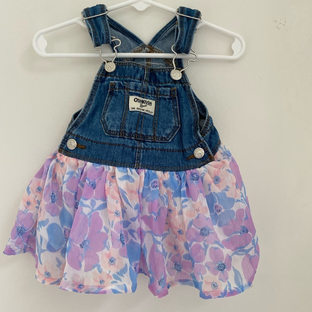 Oshkosh B'gosh Overall Vestbak Denim Floral Dress Jumper Blue Pink Purple Sz6-9m